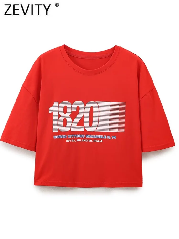 Zevity 2024 Women Fashion Letters Print Red Color Short T Shirt Female O Neck Holiday Wind Chic Leisure Knitted Crop Tops T7122