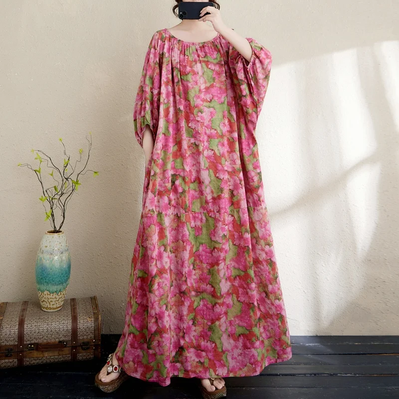 

Платье-рубашка большого размера из хлопка и льна с художественным принтом, свободного кроя, скрывающее недостатки фигуры, в праздничном стиле, с рукавами-фонариками, длинное