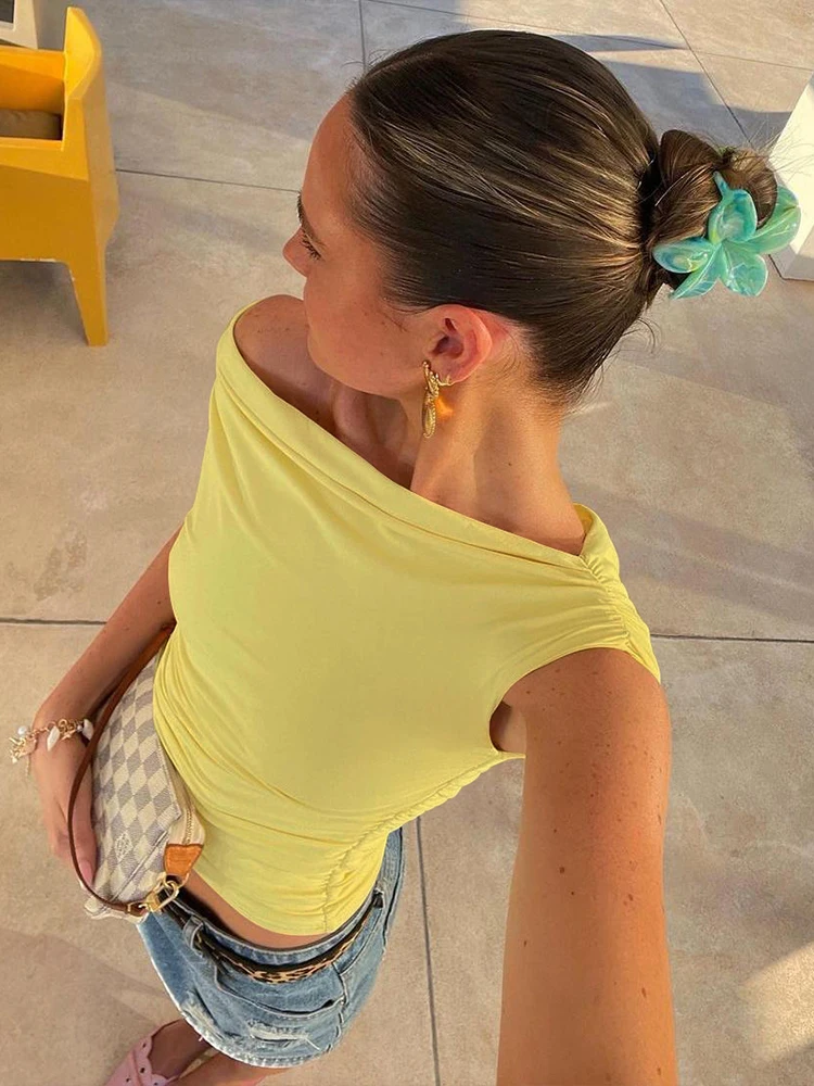 

Insglas модные женские топы на бретелях с гофрированными плечами и нерегулярными рюшами, летние шикарные однотонные топы, простая базовая уличная одежда, тонкий жилет