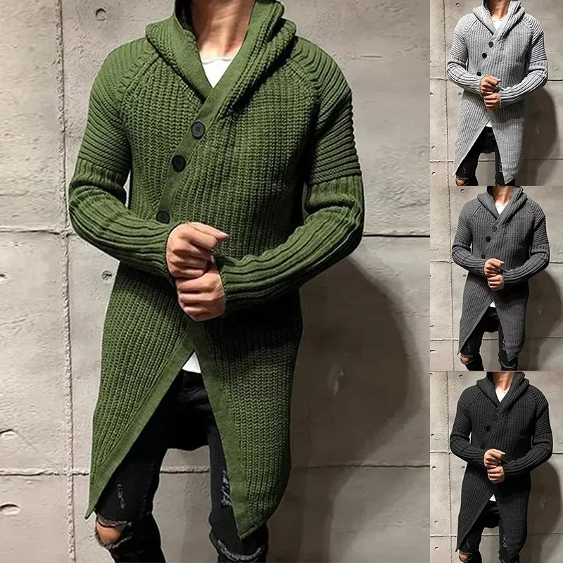 2023 New Men's Autumn/Winter Long Hooded Knitted Cardigan European and American Solid Sweater Coat