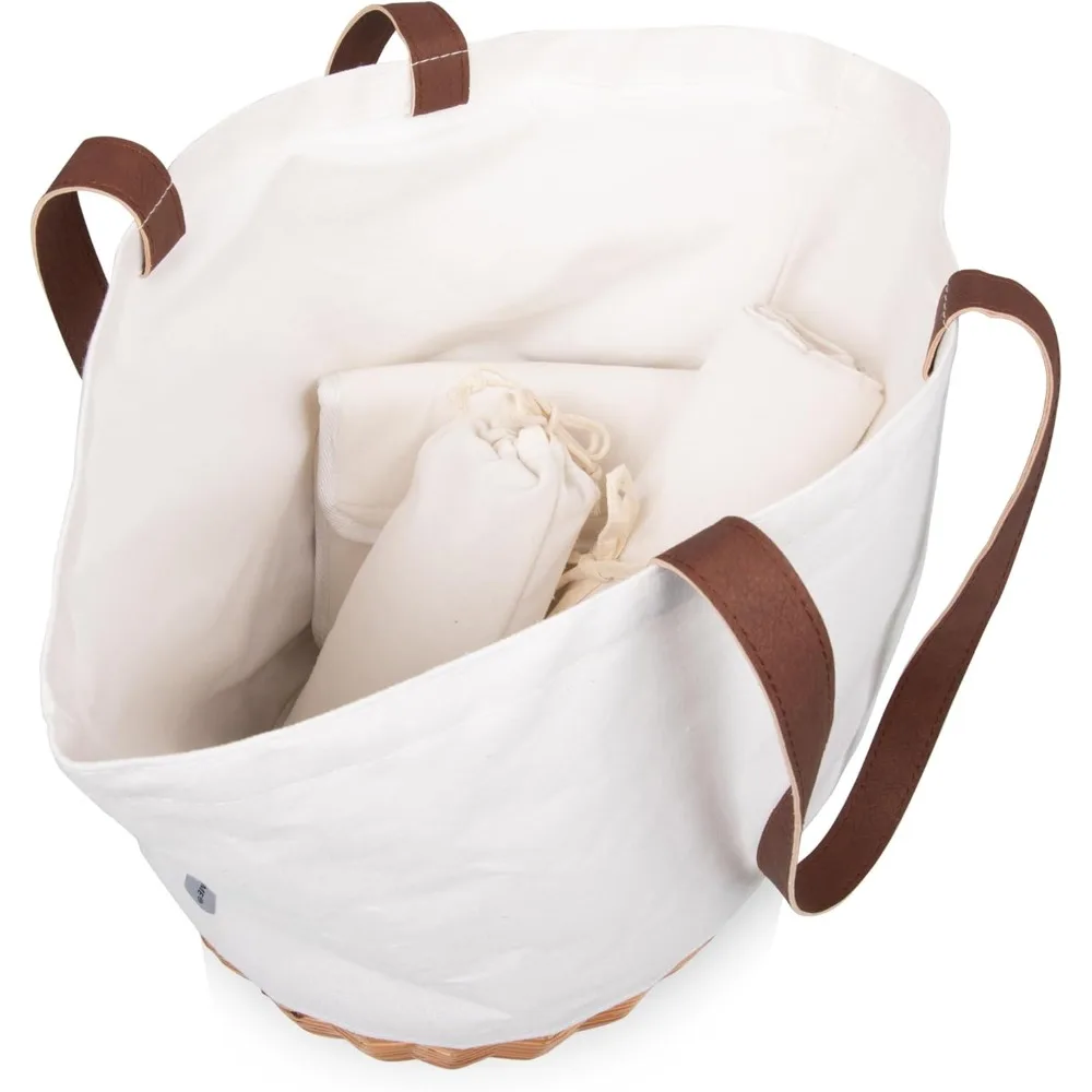 Kosz piknikowy na spacery dla 2 osób, zestaw piknikowy z płótna i wierzby - zawiera zestaw przyborów, szkła i talerze, (beżowe płótno)