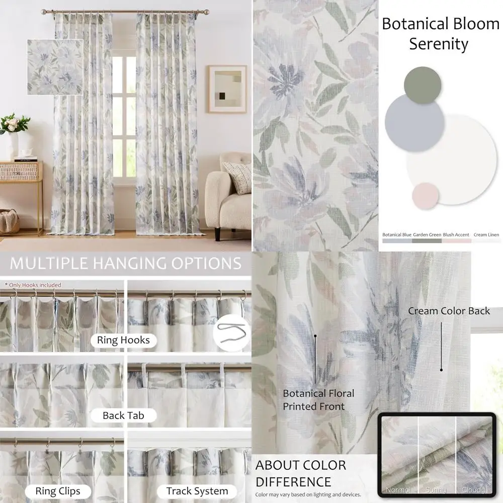 

Плиссированные светофильтрующие шторы с цветочным принтом, полупрозрачные шторы для гостиной, спальни, длина 95 дюймов, синий ботан с цветочным принтом