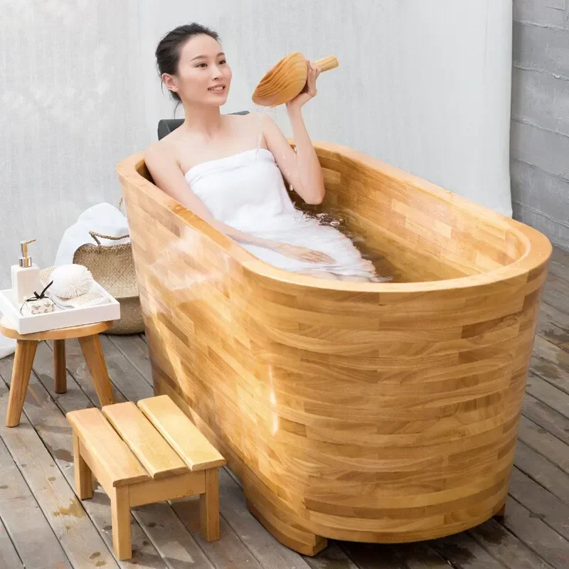 Oak Wood Bathtub for Adults Large Freestanding Soaking Tub Natural Wooden Bath Tub Without Hoop Spa Relaxation Home Bathroom