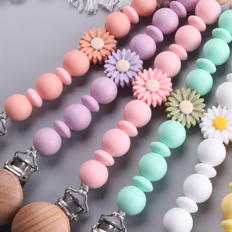 Handmade Beech Wood Baby Pacifier Clips Daisy Silicone Chew Beads Infant Nipple Clip Teether Teething Toy Baby Pacifier Chain