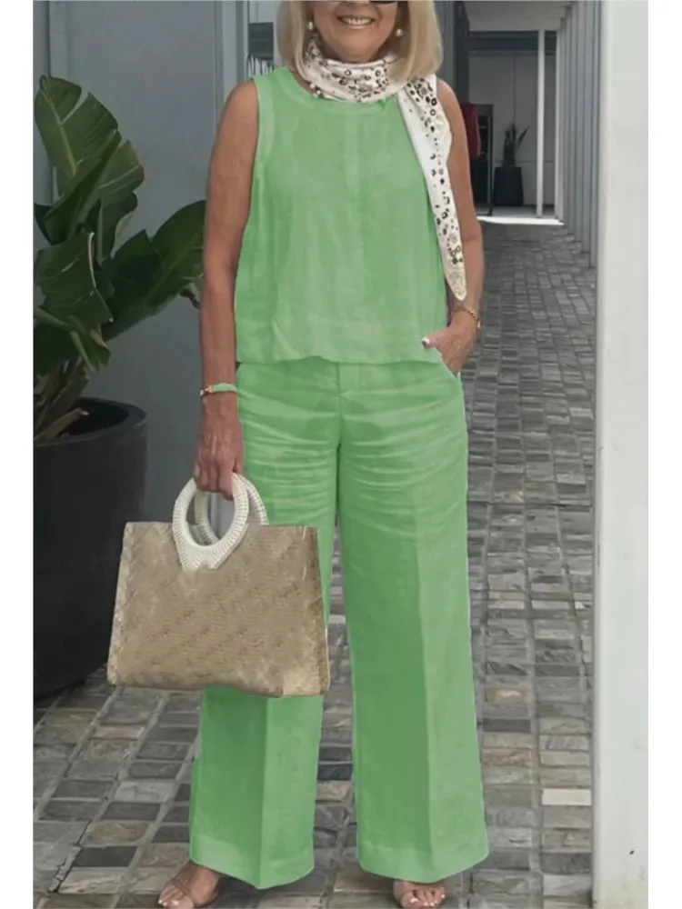 Abito da donna nuovo estivo Top senza maniche Pantaloni a gamba larga Set da due pezzi Moda Casual Solid Holiday Set da 2 pezzi Abbigliamento da donna