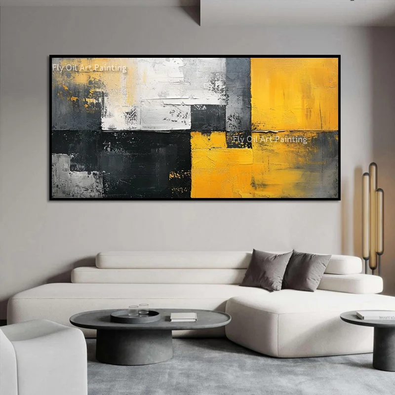 New Large Black And Yellow Abstract Oil Painting On Canvas Popular Design Grey Beige Handmade Original Wall Decor Items For Home
