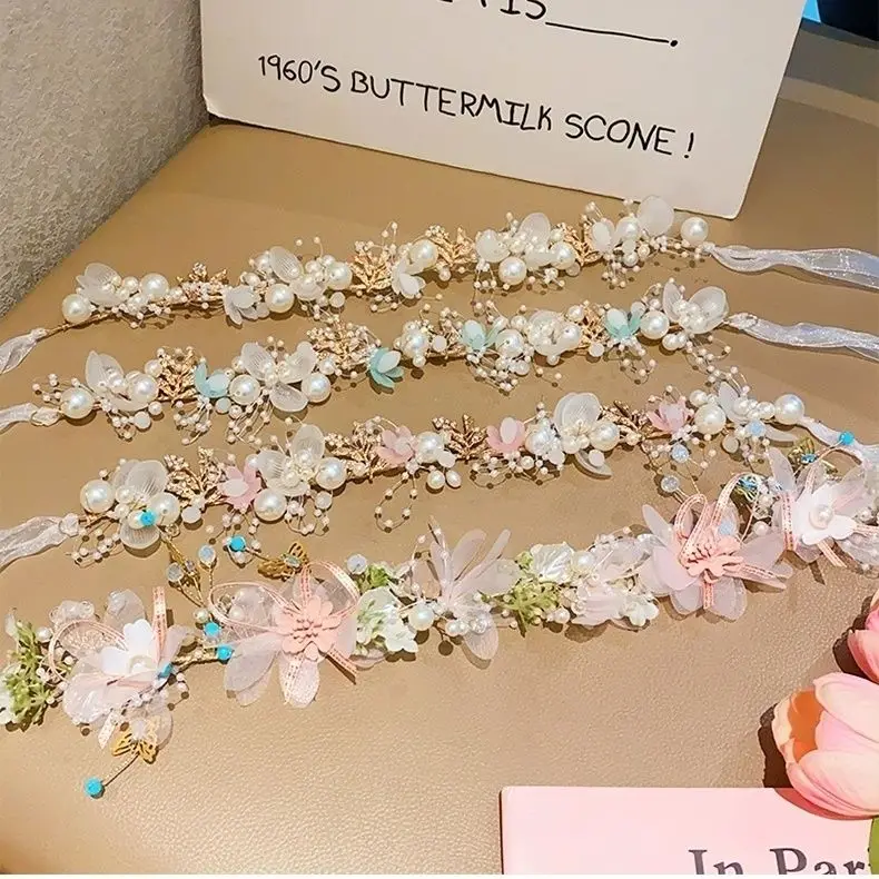 Bride headband pearl flower headband children's flower wreath super fairy princess hair accessory headband ribbon