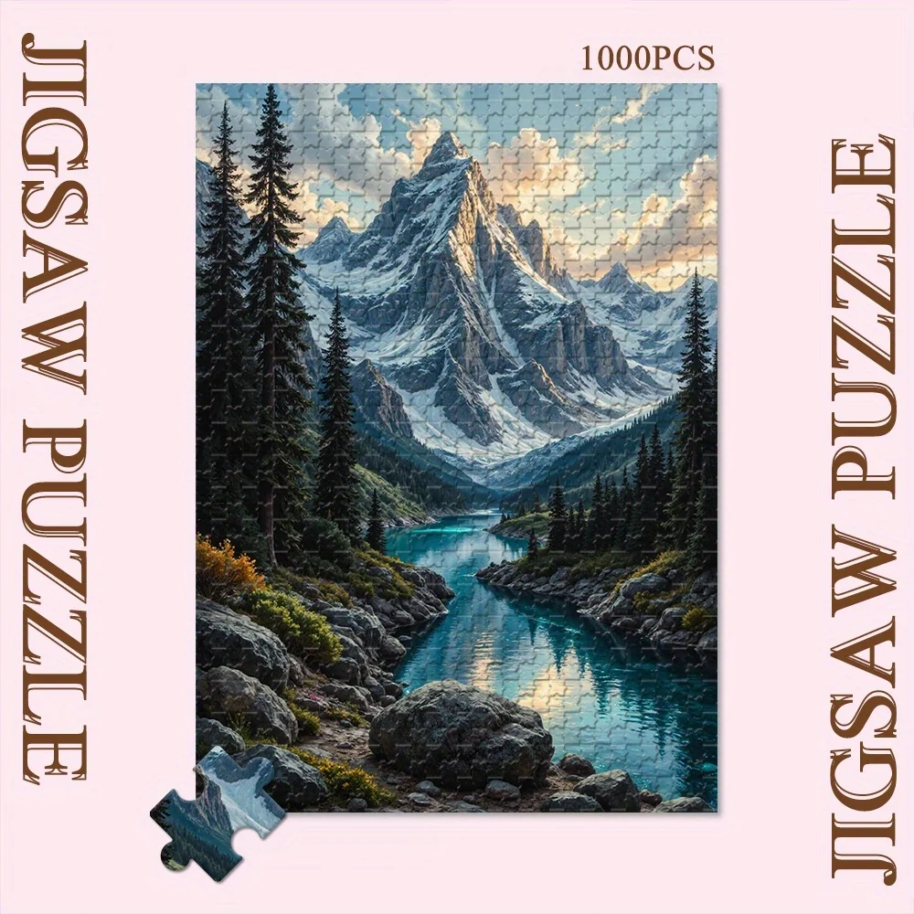 1000pcs Extra Large Jigsaw Puzzle - Serene Mountain Lake Sunset with Snow-Capped Peaks, Deep Blue Waters & Rocky Landscape - C