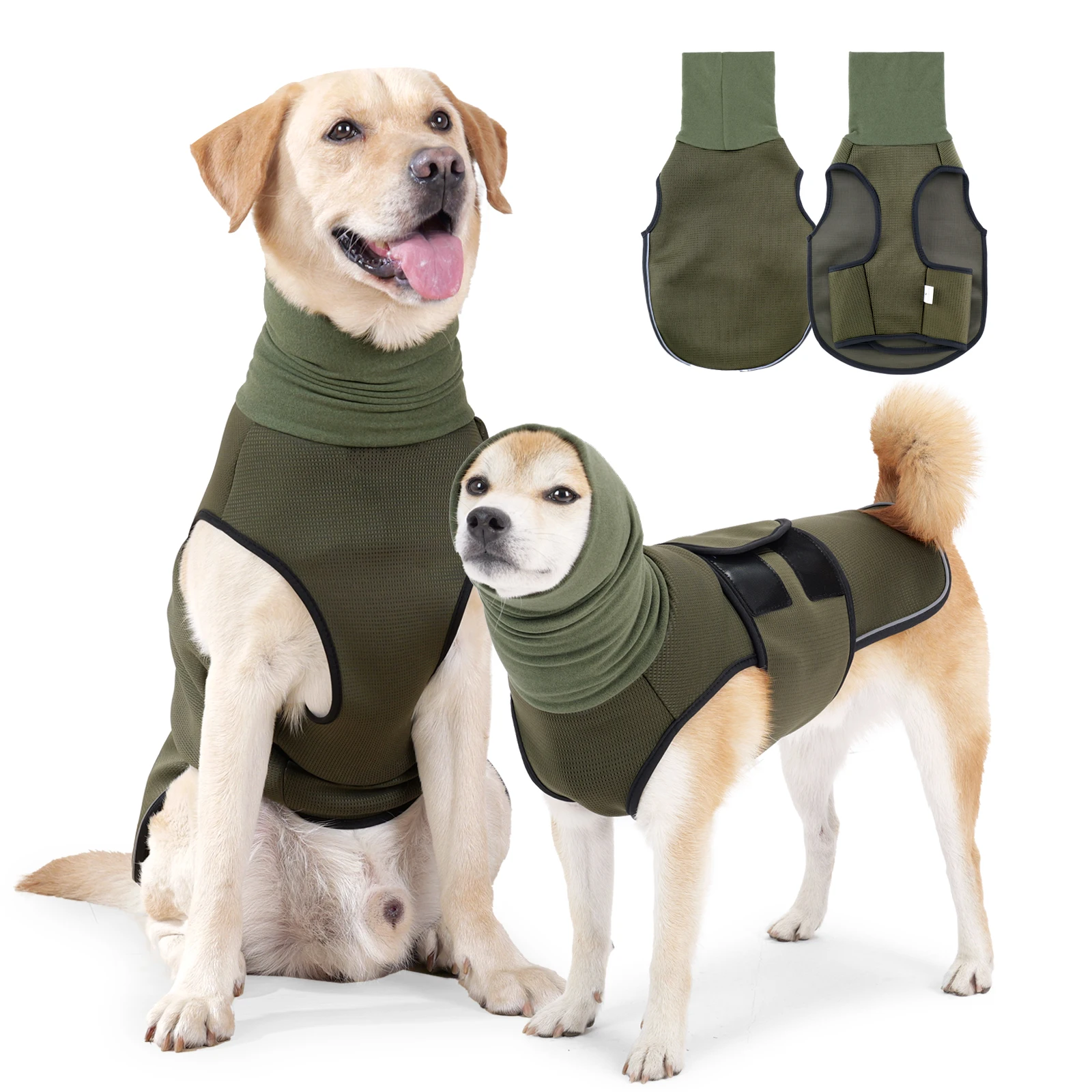 Dog wearing a snug wrap vest with neck warmer