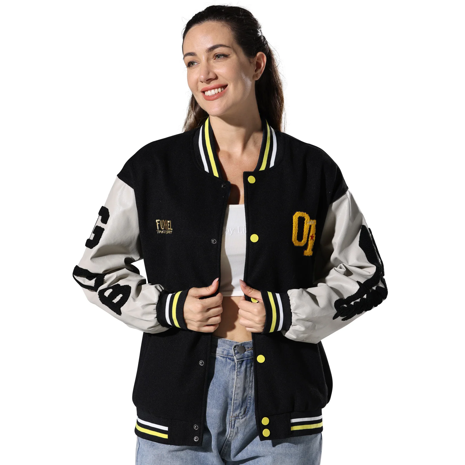 

Women's Varsity Baseball Jacket Vintage Streetwear Coats with Patchwork Hipster Utility Tops