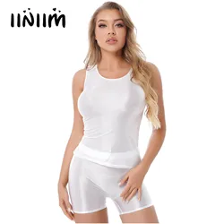 Women's Separate Swimsuit Glossy Smooth Two-piece Outfit Yoga Sportswear Swimwear Tank Top with Shorts Swimming Bathing Suit