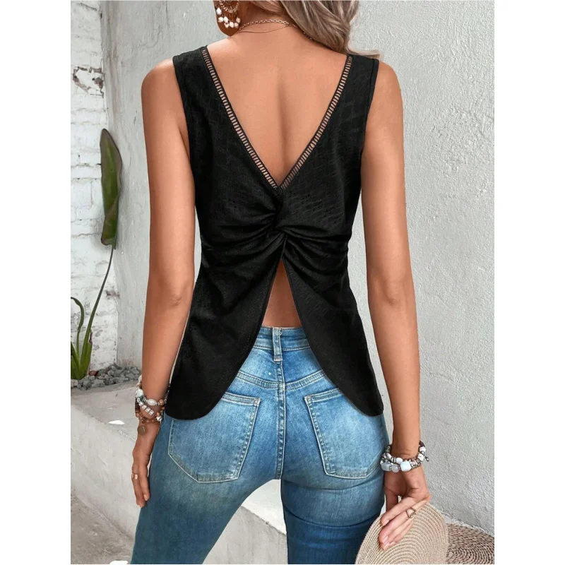 White Twist Back Top Women, Casual Eyelet Embroidery V-Back Sleeveless Blouse, Hollow Out Twist Knot