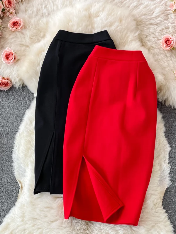 High Waist Casual Women's Skirt Elastic A-Line Midi Dress Side Slit One Step Office Lady Business Skirt Autumn Season