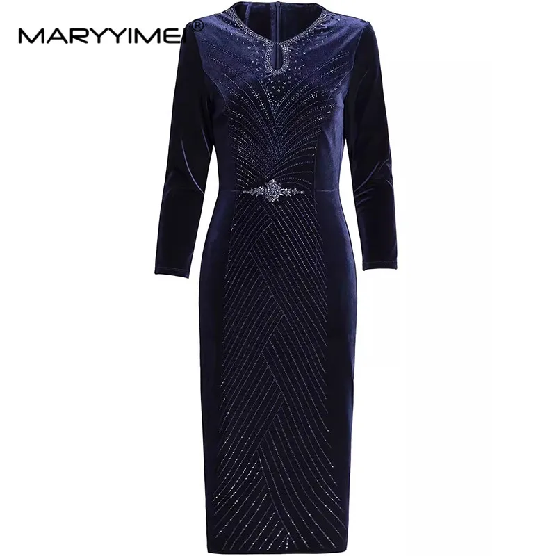 

MARYYIMEI Women's Elegant Ball Gown Dress Long-Sleeved Beading Striped High waist Crystal Slim Straight M-4XL Dresses