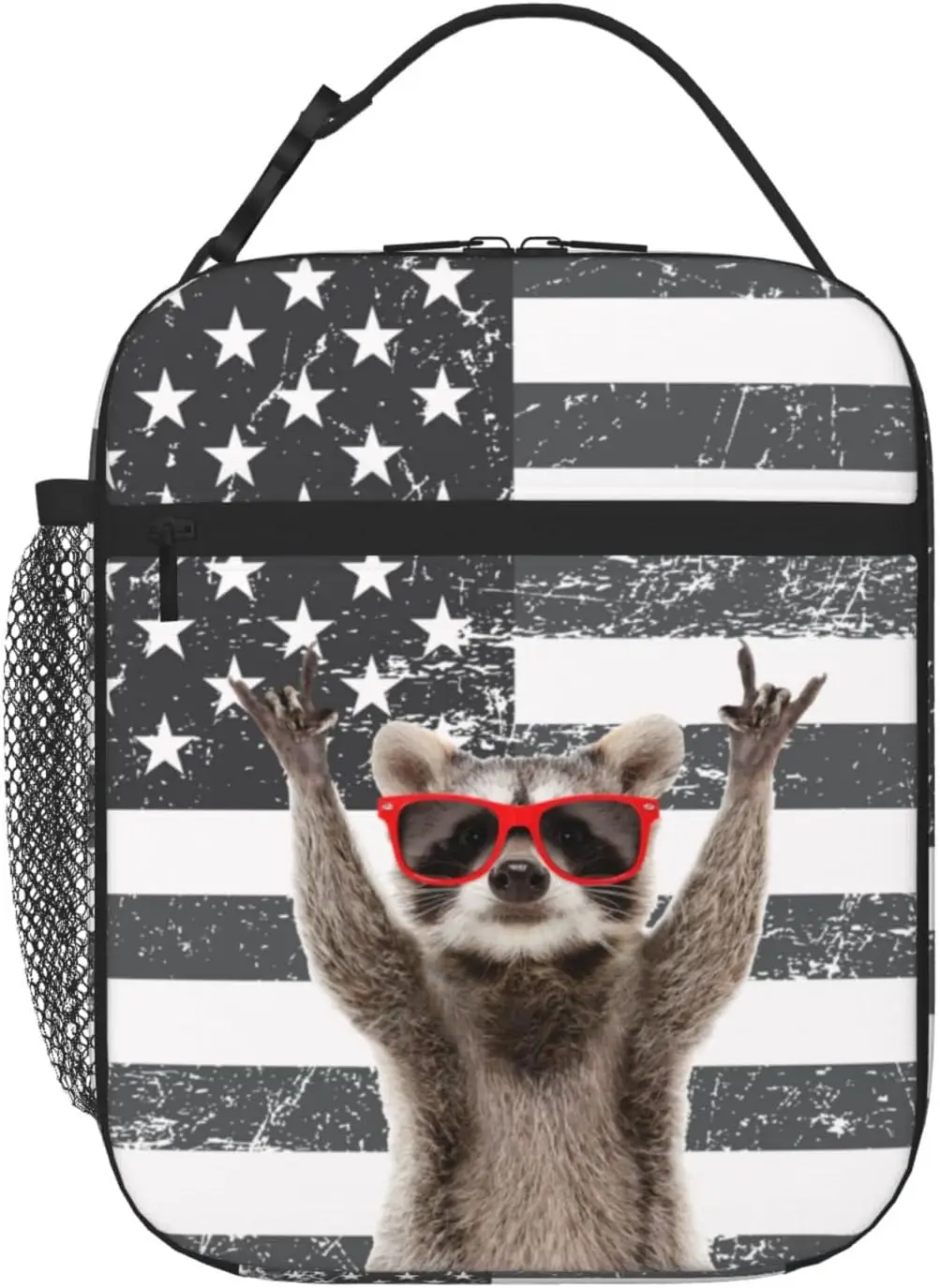 Funny Raccoon Lunch Box for Men Women American Flag Small Lunch Bag with Side Pockets for Office Work Picnic Reusable Portable