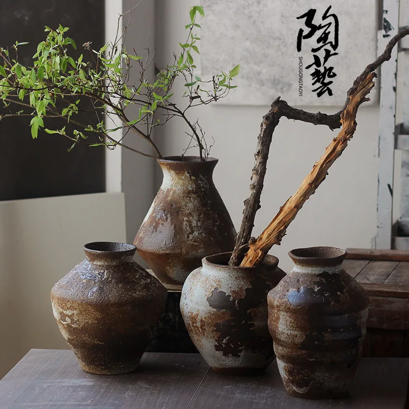 Jingdezhen wabi-sabi style Zen ornaments rough pottery pots handmade flower arrangement retro nostalgic ceramic vase