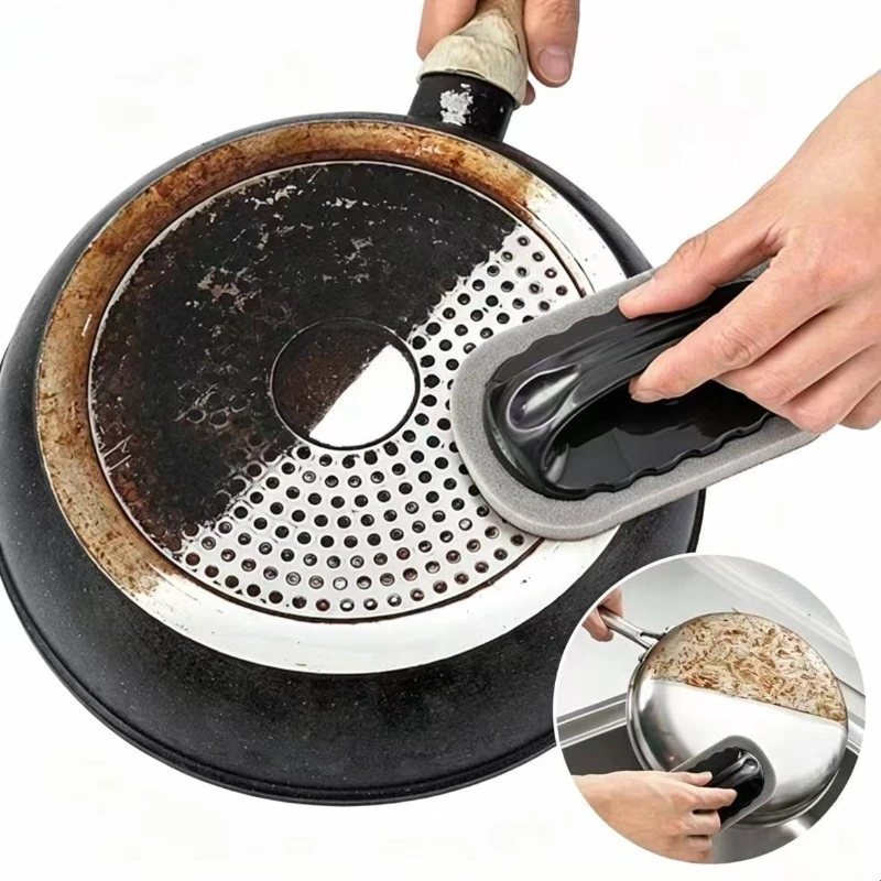 Magic Emery Sponge Eraser Brush With Handle Strong Decontamination Rust Remover Kitchen Bathroom Cleaning Tools