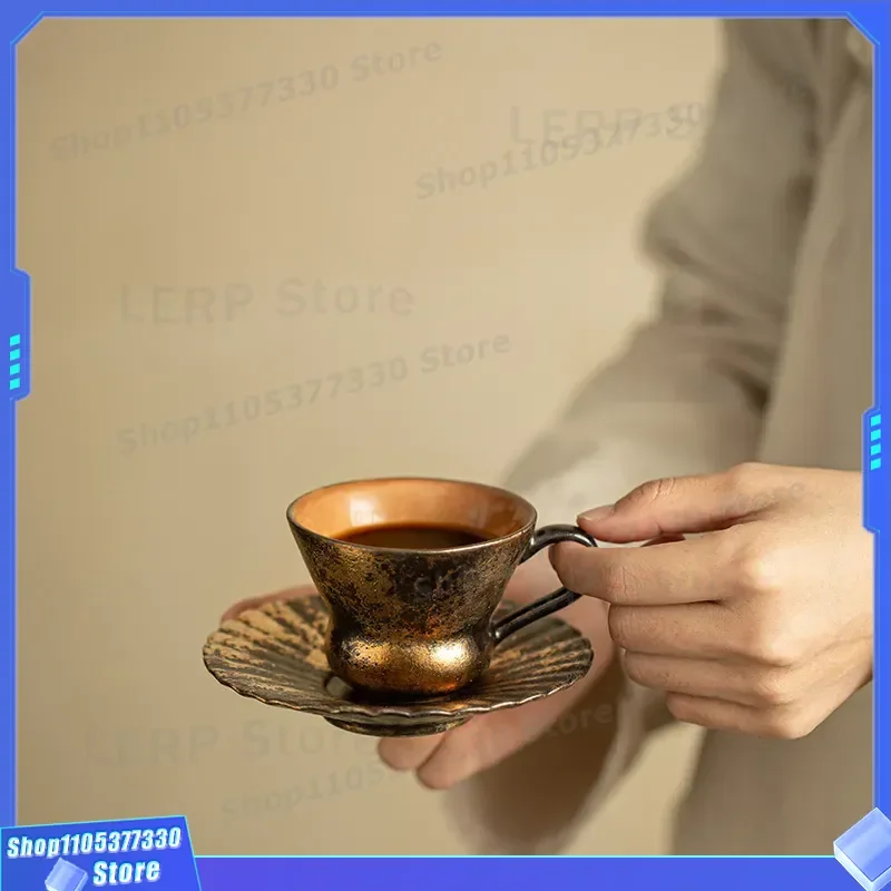 Shino-yakuji Shizuki Ceramic Tea Cup with Handle and Saucer Gilt Coffee Mug Two Piece Set for Office Afternoon Tea Elegant