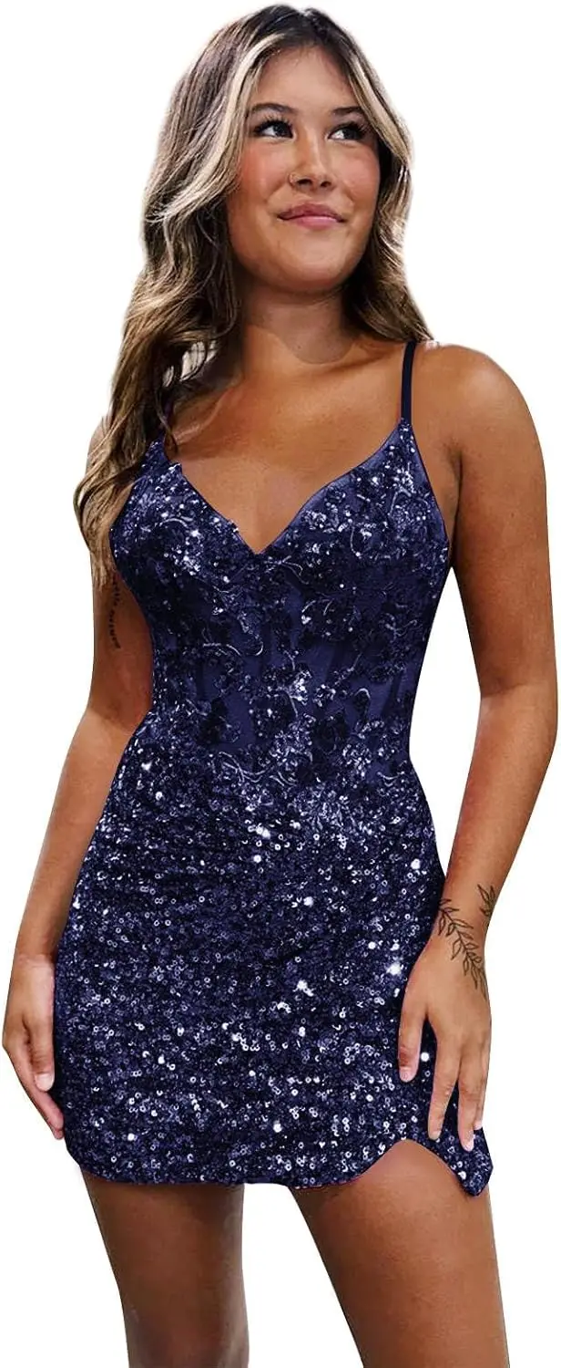 فساتين نسائية لحفلات العودة للوطن برقبة على شكل V ضيقة للمراهقين، مشد ترتر قصير للحفلات الراقصة، فساتين حفلات الكوكتيل #1