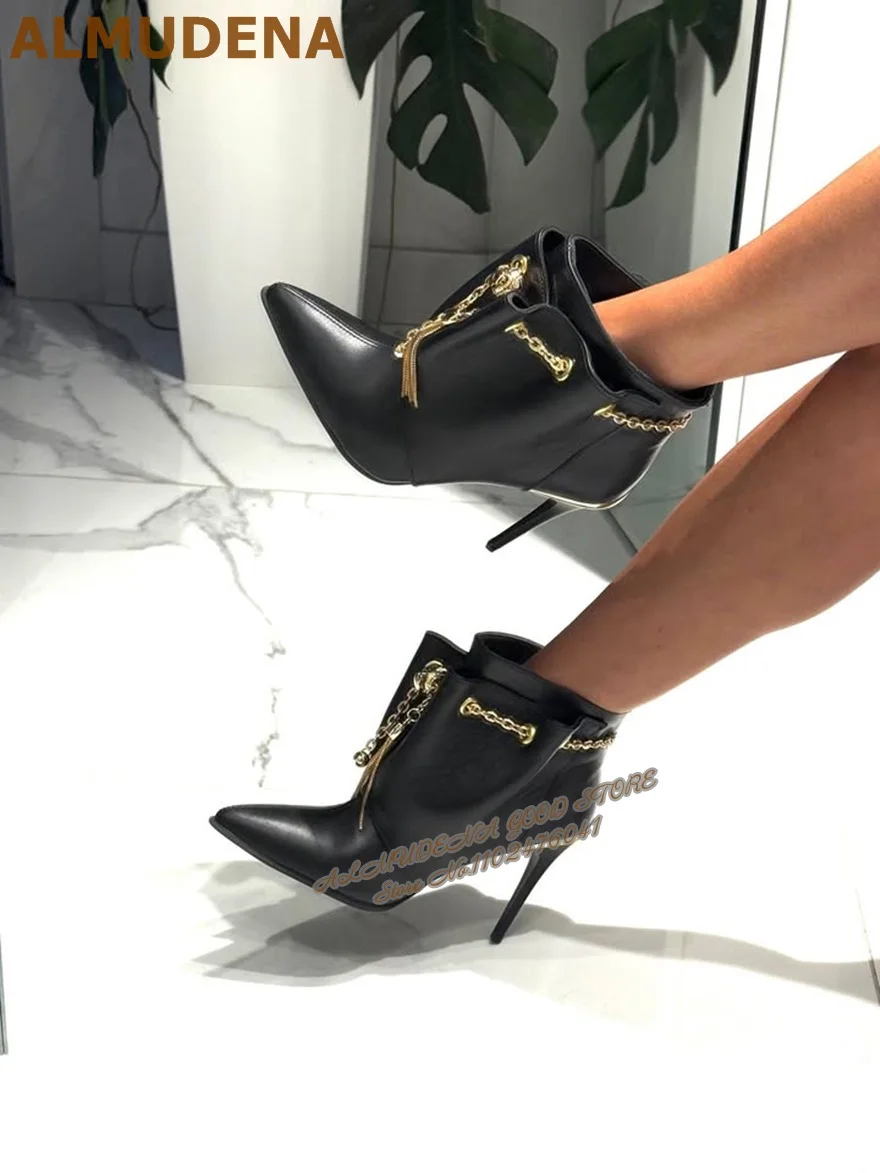 ALMUDENA Black Matte Leather Gold Chain Ankle Boots Stiletto Heels Pointed Toe Golden Metal Fringe Lace-Up Booties Dress Shoes