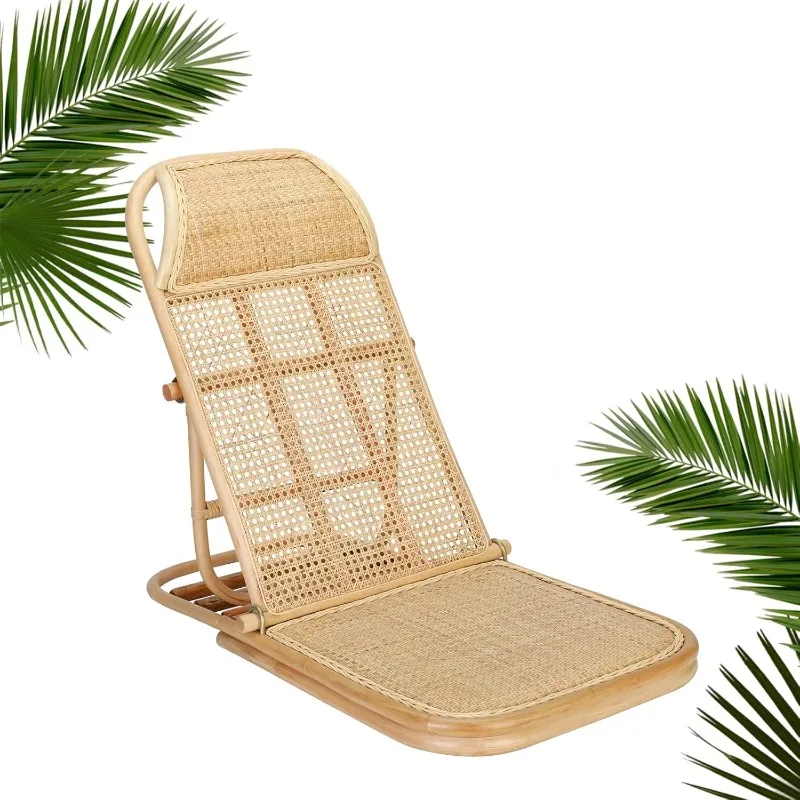 Portable Beach Chair,4-Gear Adjustable Rattan Floor Wood Chair,Pool Lounger, Portable Wicker for Pool Home