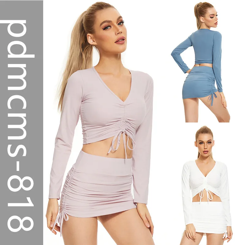 

2025 новая европейская и американская женская одежда, сексуальная футболка с открытой пуговицей и длинными рукавами, v-образным вырезом, повседневная спортивная юбка на бедрах