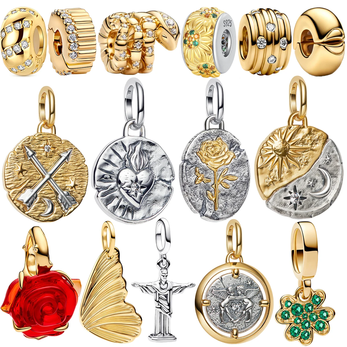 

Vintage 925 Sterling Silver Charms Flower Shiny Seal Rose Pendants Beads Original Bracelets Necklace For Women DIY Jewelry Gift