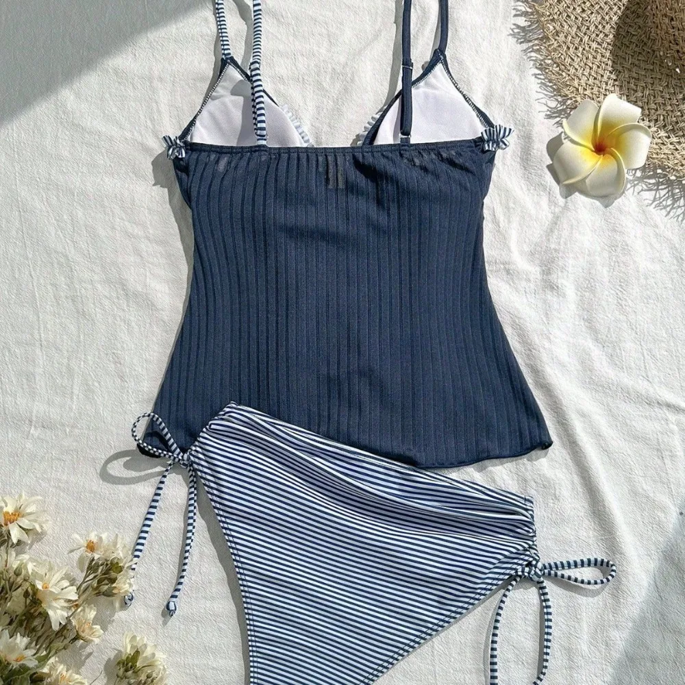 Minimalist Camisole Pleated Edge Bow Small Chest Gathered Deep V Backless Beach Pool Bikini Fashionable Split Triangle Pants Set