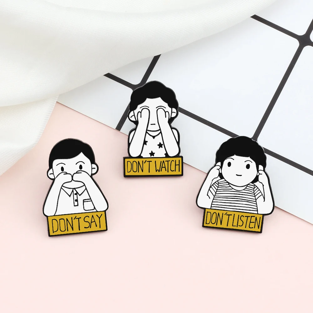 Creative Funny Boy Gesture Enamel Pin Quote Letter DON'T WATCH SAY LISTEN Brooch Metal Custom Badge Bag Lapel Pins for Men Women