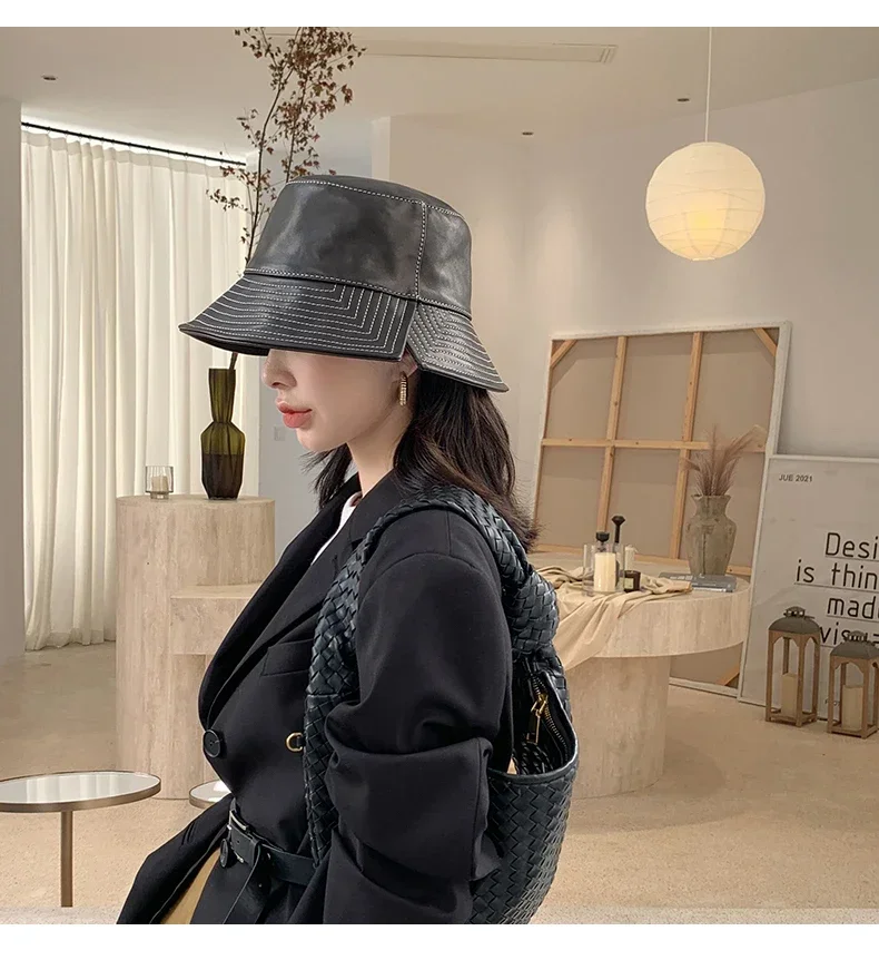 Hats Women Novelty Female White Line Genuine Leather Big Brim Fisherman Caps Korean Fashion Lambskin Split Basin Sombreros