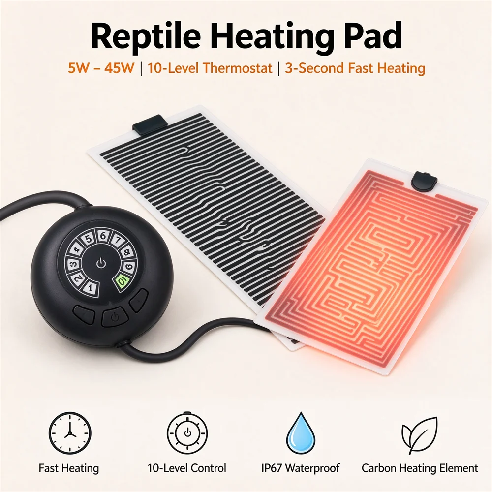 Electric Reptile Heat Pad for Snake Lizard Turtle, 5W-45W, 10-Level Temperature Control, 50C Max, Far Infrared Heating Mat