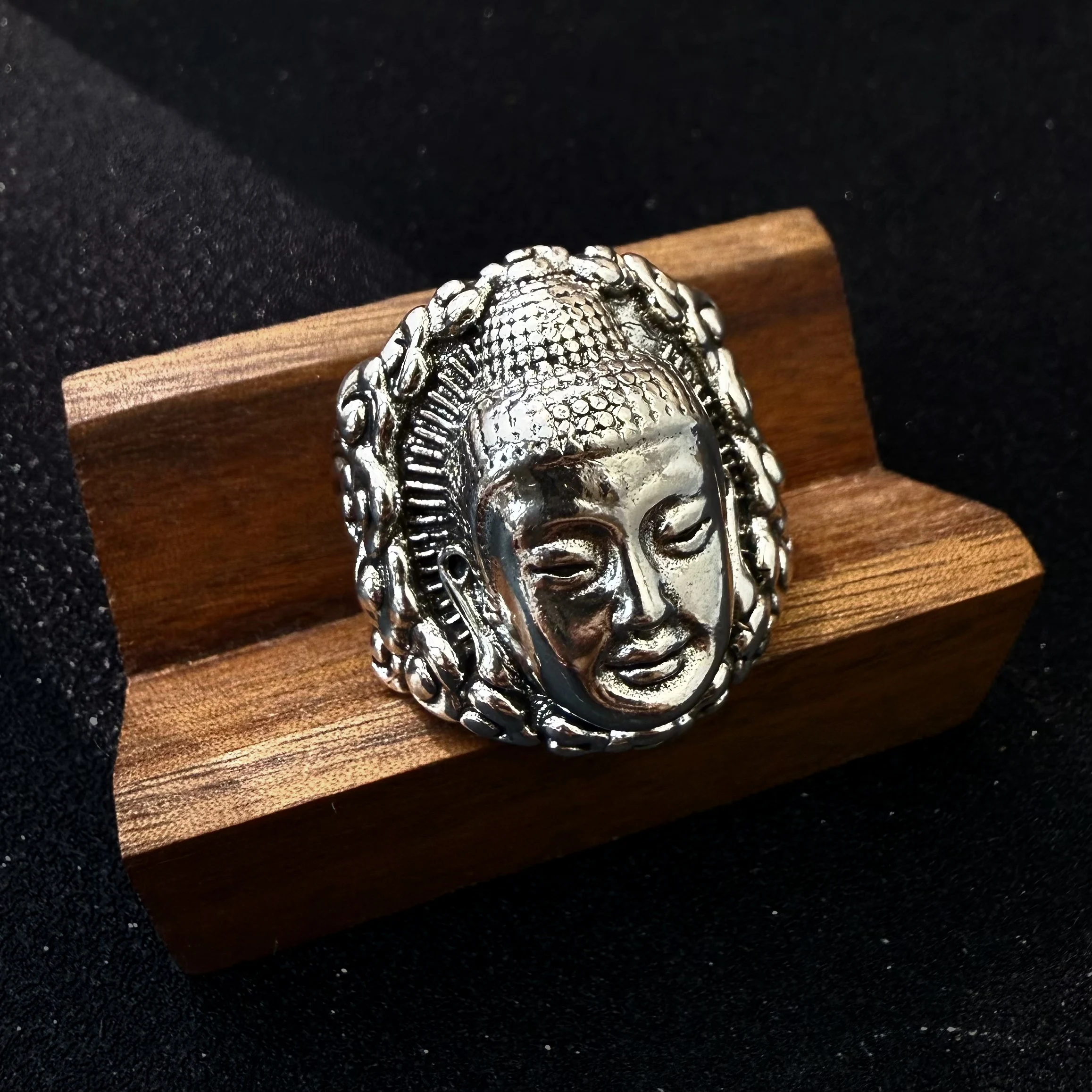 Retro Vairocana Buddha Large Open Ring For Men Silver-plated Copper Punk Gothic Edgy Jewelry Buddhism Accessories Bless Gift