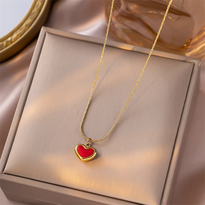 316L Stainless Steel New Fashion Fine Jewelry Young Girl Style Red Love Heart Charm Chain Necklaces Bracelets Earrings For Women