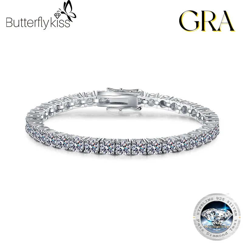 

Butterflykiss Real 3/4/5mm Moissanite Sparkling Full Diamond Bracelets For Women Men 925 Sterling Silver Wedding Party Jewelry