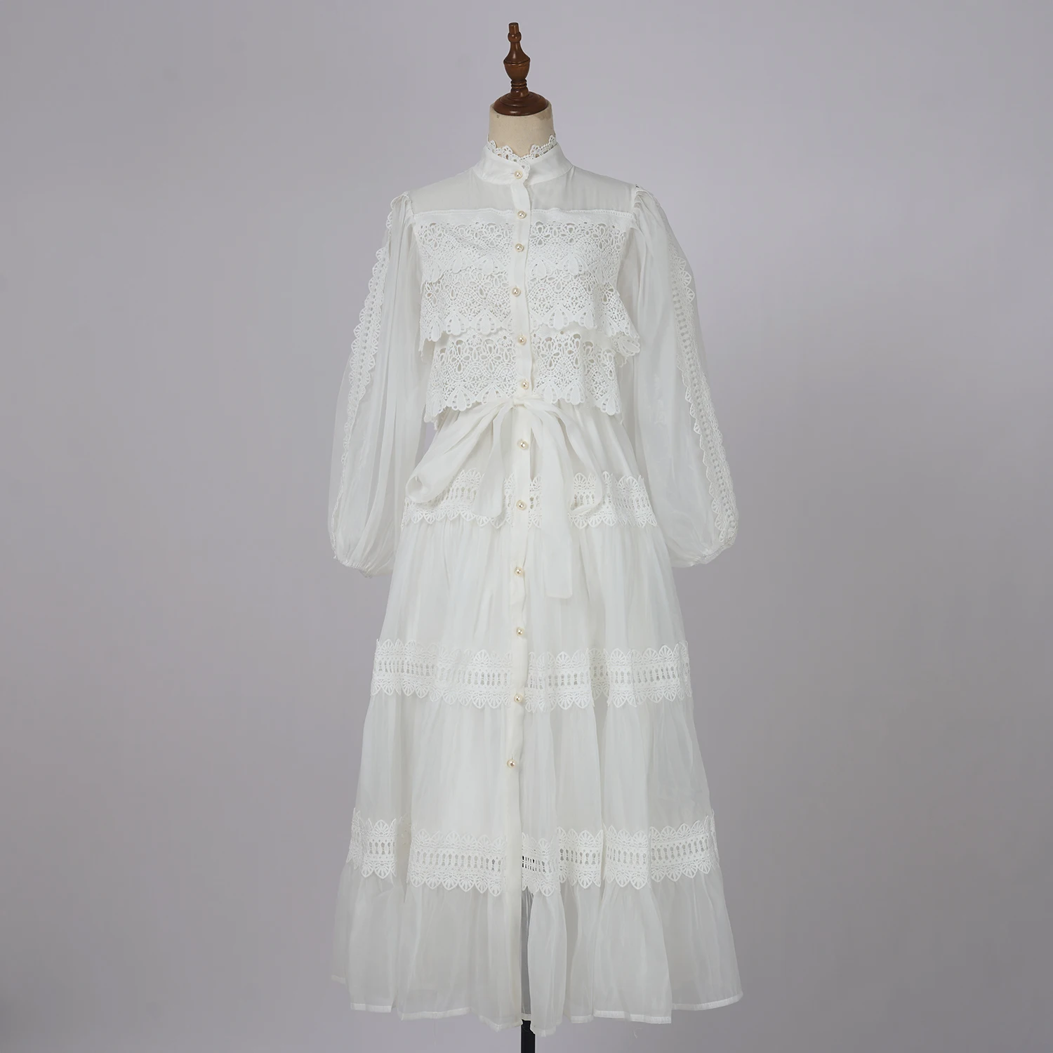 Luxury Long Dresses Women 2026 Spring Summer Embroidery Ruffle Lace Pearl Hollow Out Party Midi Dress Shirt Full Sleeve Vestidos