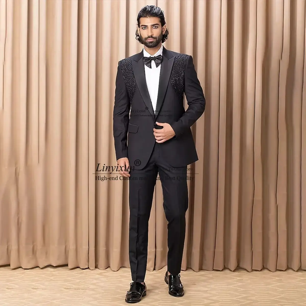 

Fashion Beaded Tuxedos Men Suits For Wedding Prom Groom 2 Pieces Sets Bridegroom Prom Blazers Slim Fit Male Costume Homme