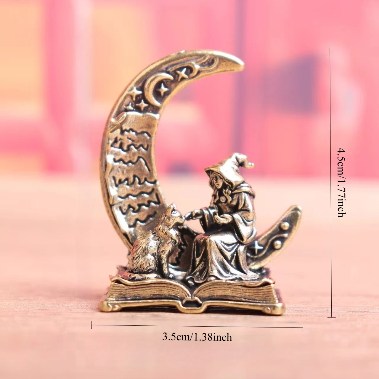 Brass Moon Witch Decoration Statue Ornament with Cat, Vintage Metal Witch Figurine, Halloween Desk Ornament, Collection & Gift. - view 6