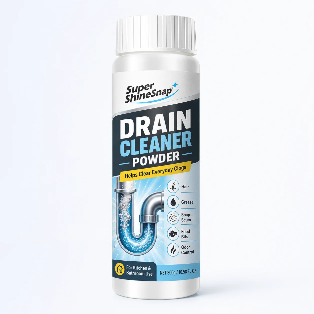 300g Drain Cleaner Powder for Kitchen and Bathroom Use, White Powder Drain Care Cleaner for Hair, Grease, Soap Scum, Food Bits and Odor Control, Easy Household Pipe Cleaning Supplies view 6