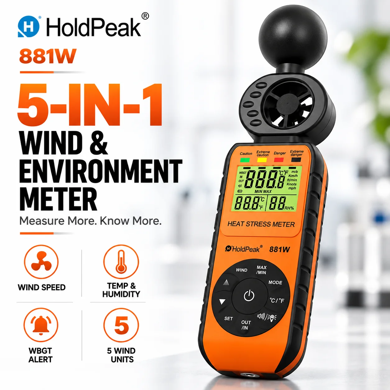 HoldPeak WBGT Heat Stress Meter Handheld Digital Anemometer Wind Speed Temperature Humidity Tester for Outdoor Working