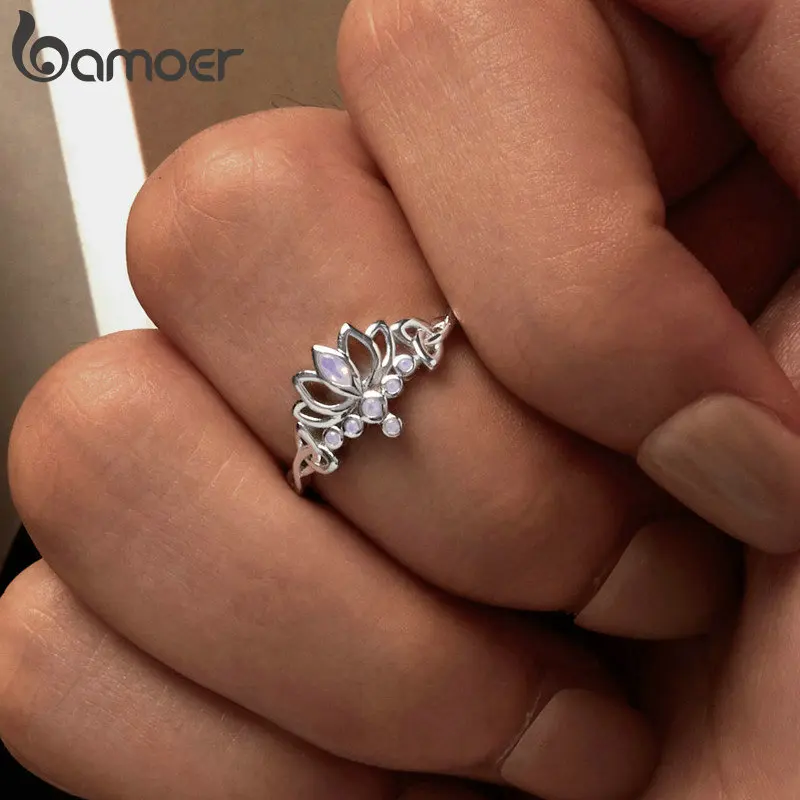 Bamoer 925 Sterling Silver Lotus Finger Ring Exquisite Celtic Flower Ring for Women Girls Anniversary Party Gift Fine Jewelry