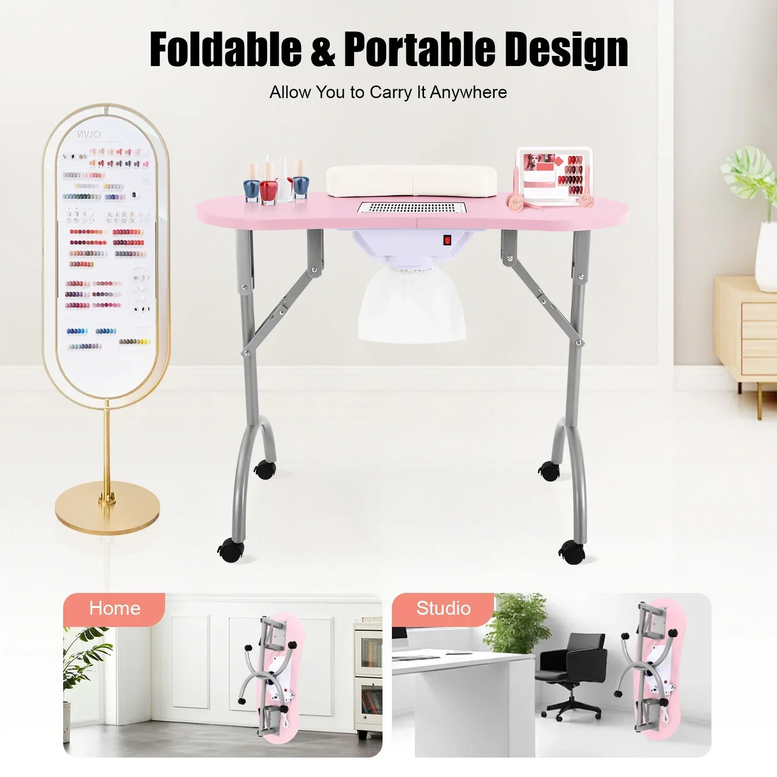 Table de manucure pour Nail Tech, table de manucure avec aspirateur 5,5 W et 3 sacs à poussière, capacité de charge 30 kg, 90 x 40 cm