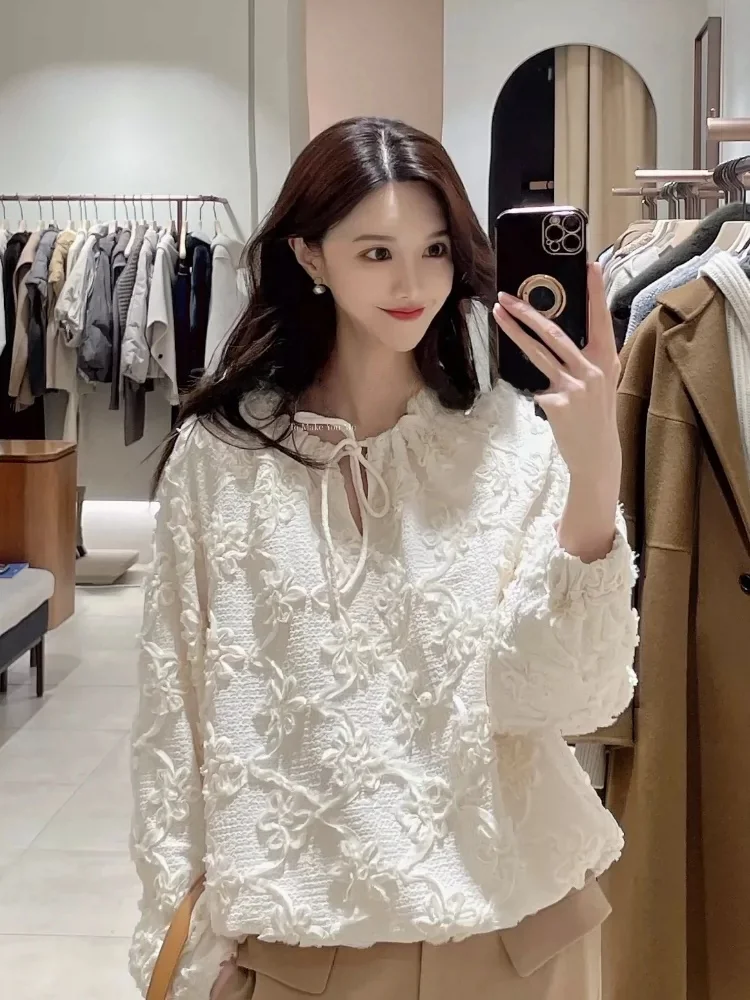 

Женская блузка Ele Romantic MICOAT Pure Original с круглым вырезом и V-образным вырезом, с вышитым цветочным узором, длинными рукавами, весенняя