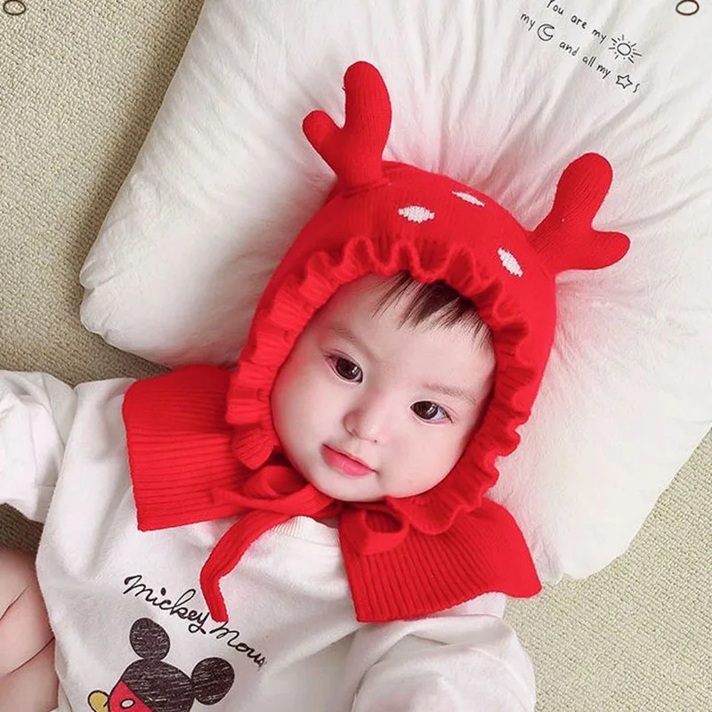 New Baby Knitted Hooded Scarf Warm Solid One Piece Scarf Hat Girls Thicken Ear Protection Hat Headgear Bonnet for Boys Girls