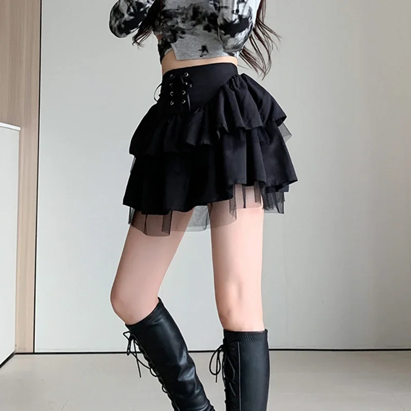 

High Waist Mesh Y2k Short Skirt Women 2025 Harajuku Patchwork A Line Mini Skirts Woman Summer Lace Up Pleated Black Skirt Ladies