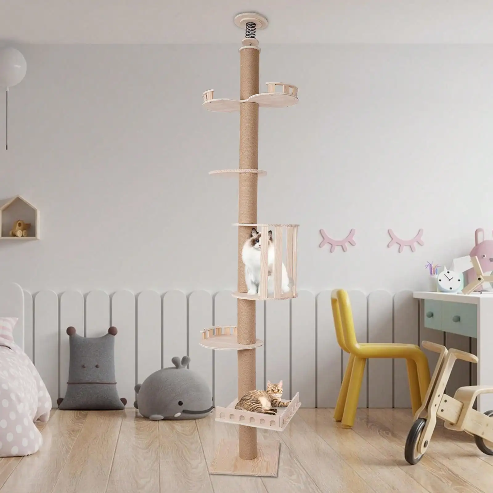 

5 Tier Cat Tower With Scratching Posts 100.4-104.3" Wooden Cat Tree Cat Condo Perch With Jumping Platforms For Indoor