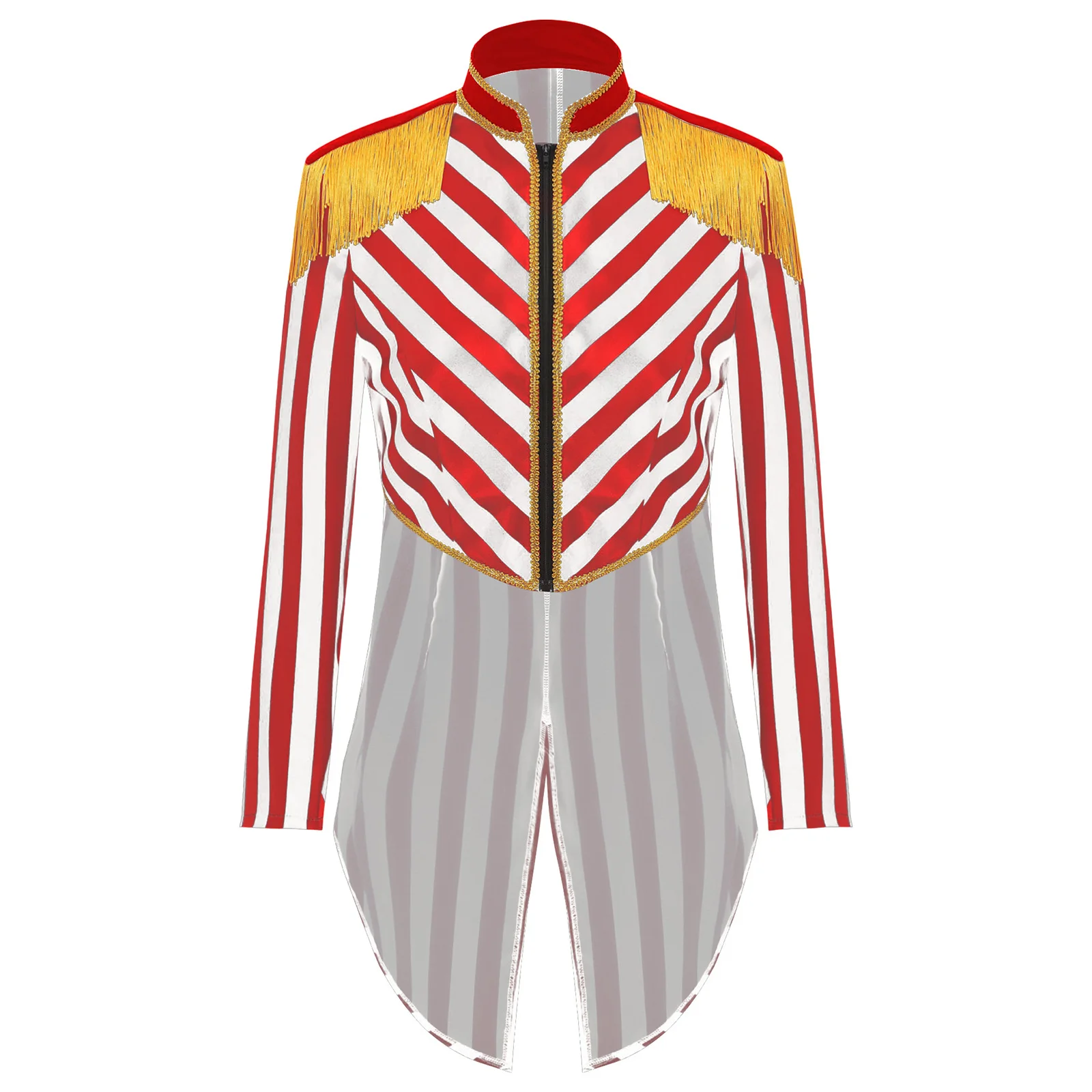 

Womens Circus Ringmaster Magician Cosplay Costume Striped Tailcoat Long Sleeve Tassel Dress-up Jacket Coat for Halloween Party