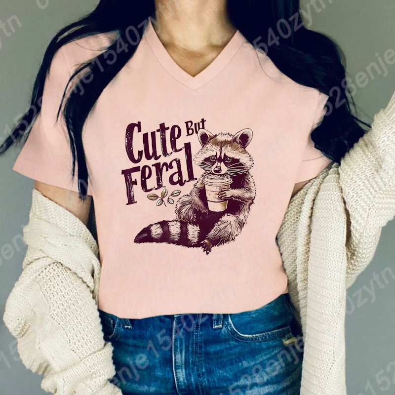 Funny Racoon Cute But Feral Print T-shirts For Women Summer V-Neck Tee Shirt Fashion Casual Tee Shirt Plus Size Solid Color Tops