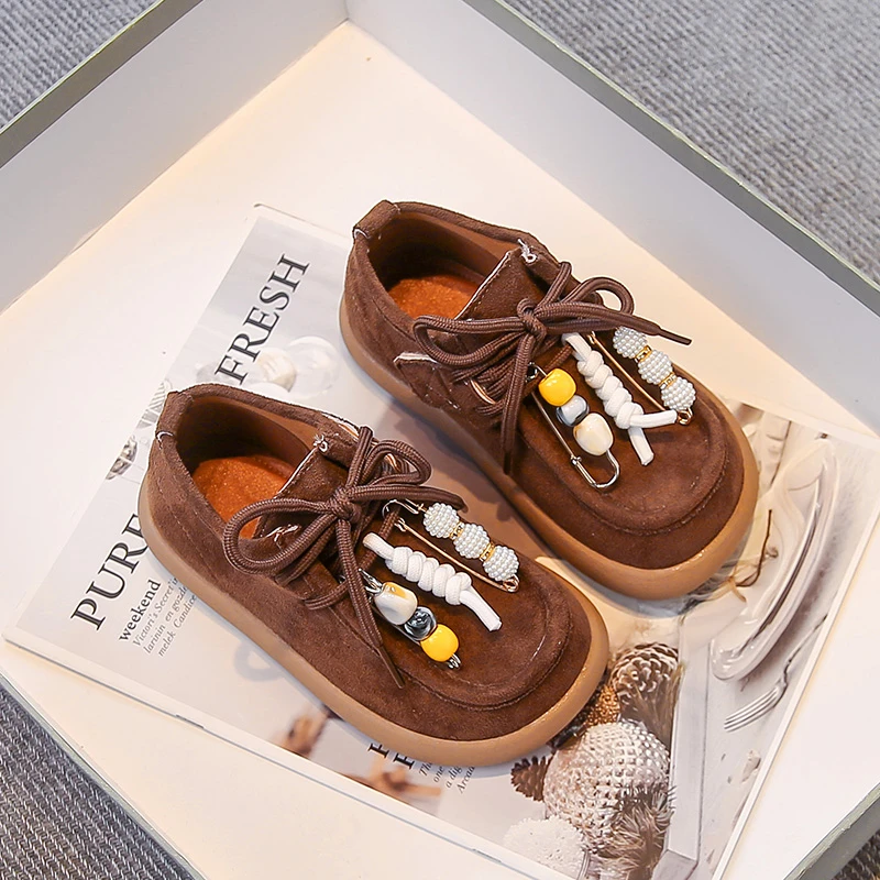 Children's Flats Shoes 2025 New Round Toe Lace-up String Bead Loafer Girl Leisure Retro Style One Kick Spring Autumn Single Shoe