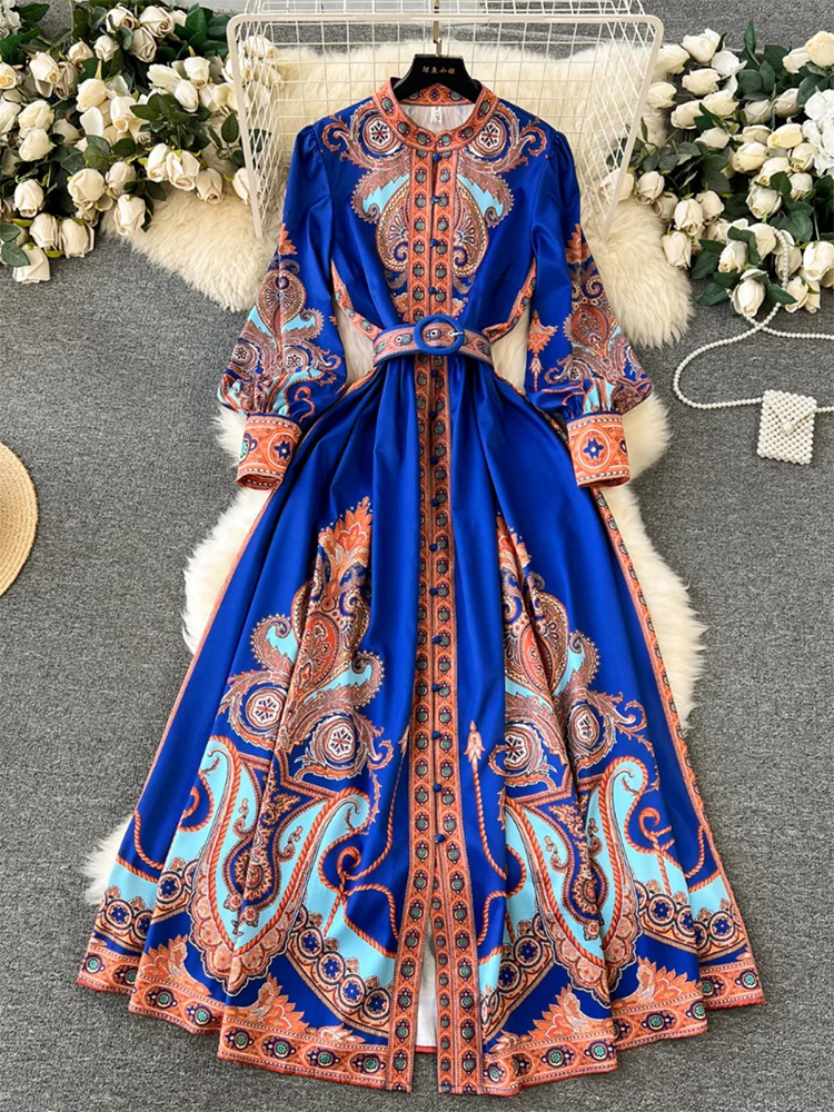 Bohemian Vintage Paisley Print Boho Long Dresses For Women Spring Long Sleeve Stand Collar Party Elegant Maxi Dress With Belt