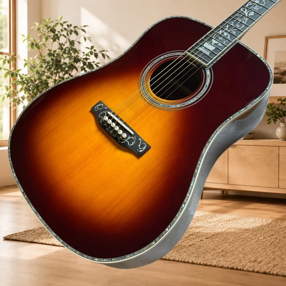 Fast Ship D45 Acoustic Guitar Sunburst Color Pattern Fretboard Inlay Body Binding for Folk instrument 6‑String Wooden Guitar